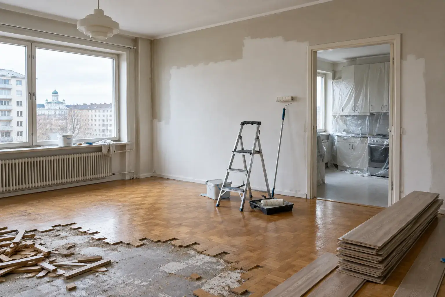 Huoneistoremontti käynnissä helsinkiläisessä kerrostaloasunnossa, seinät puoliksi maalattu ja lattia osin purettu