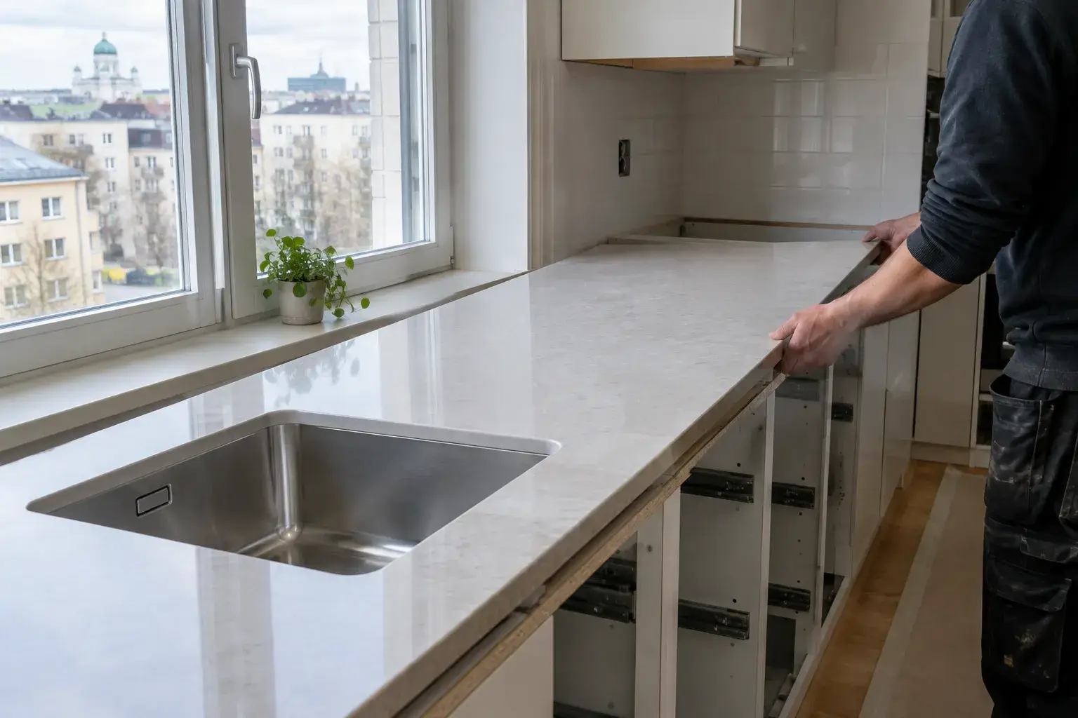Keittiön työtason vaihto meneillään helsinkiläisessä asunnossa, uusi taso kaappien päällä