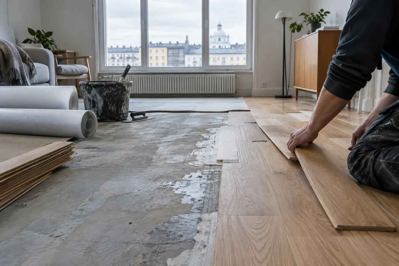 Parketin asennus käynnissä helsinkiläisessä asunnossa, vanha lattia purettu