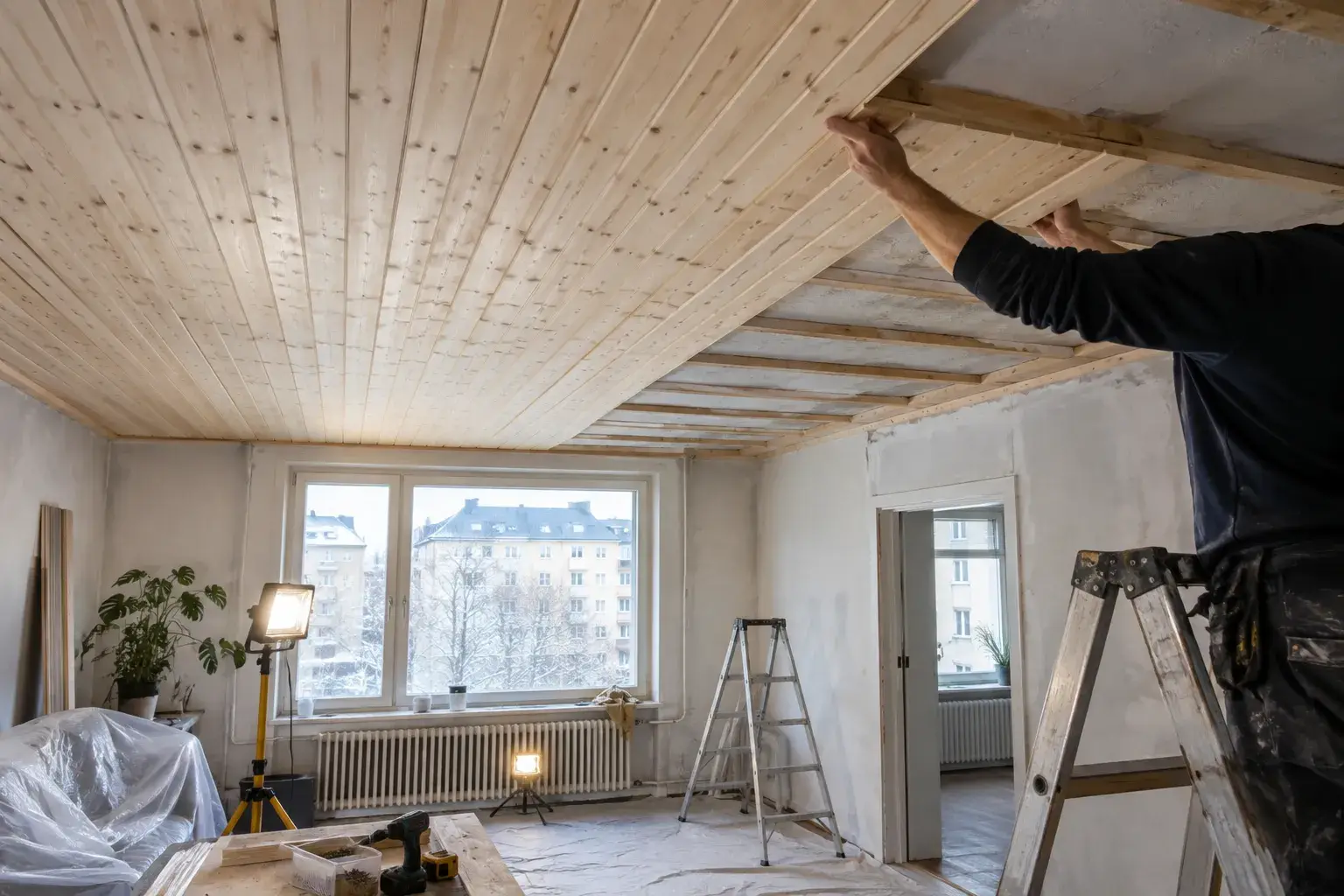 Puupaneeleita asennetaan sisäkattoon helsinkiläisessä asunnossa