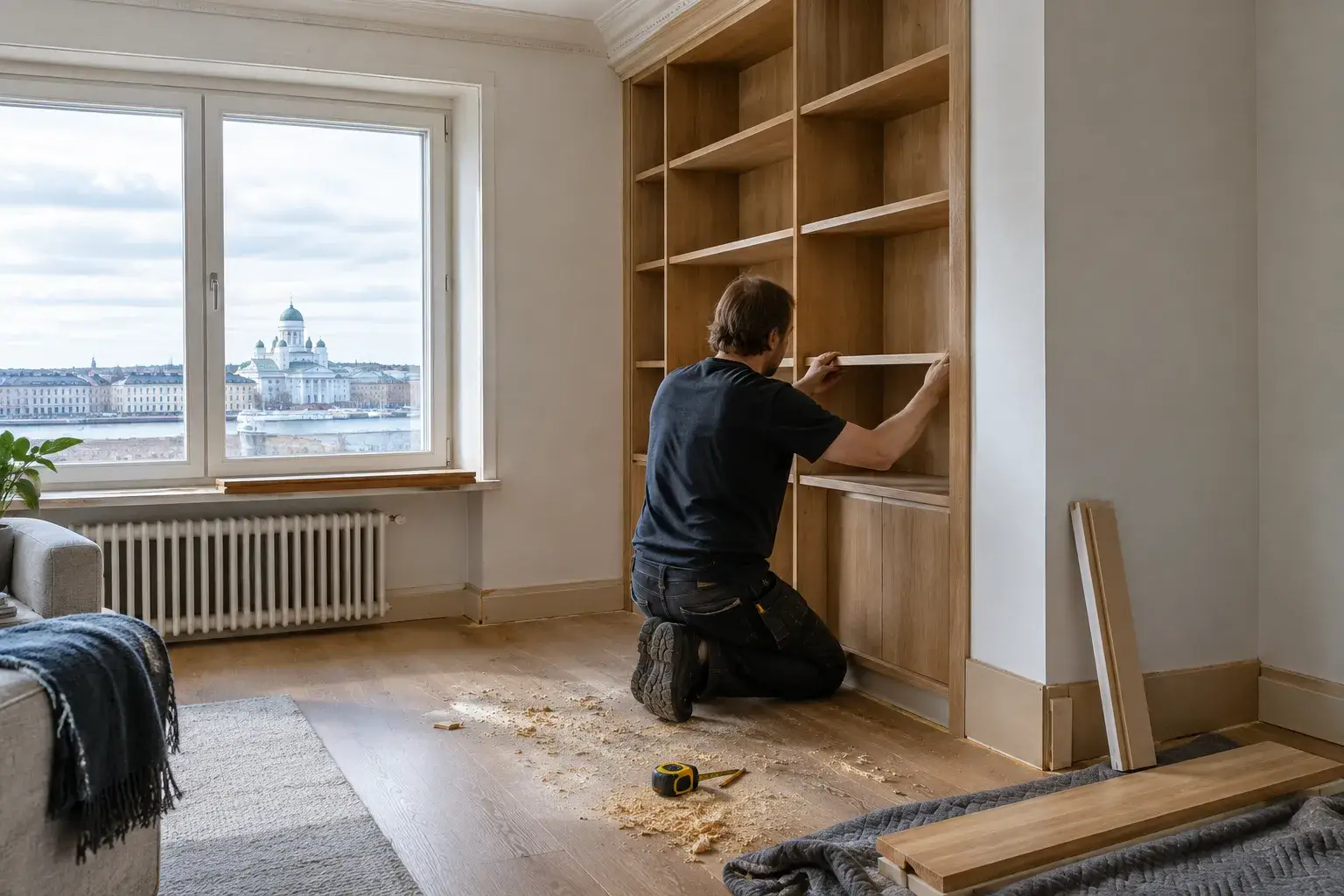 Puuseppä asentaa mittatilaushyllystöä helsinkiläisessä olohuoneessa