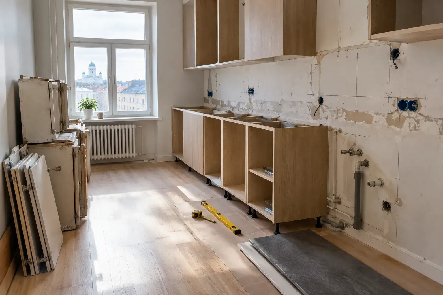 Keittiöremontti kesken helsinkiläisessä asunnossa, uusia kaapistorunkoja ja työtasoa asennetaan