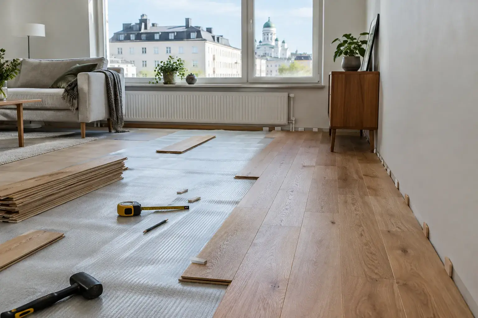 Parkettilankkuja asennetaan alusmateriaalin päälle suomalaisessa asunnossa