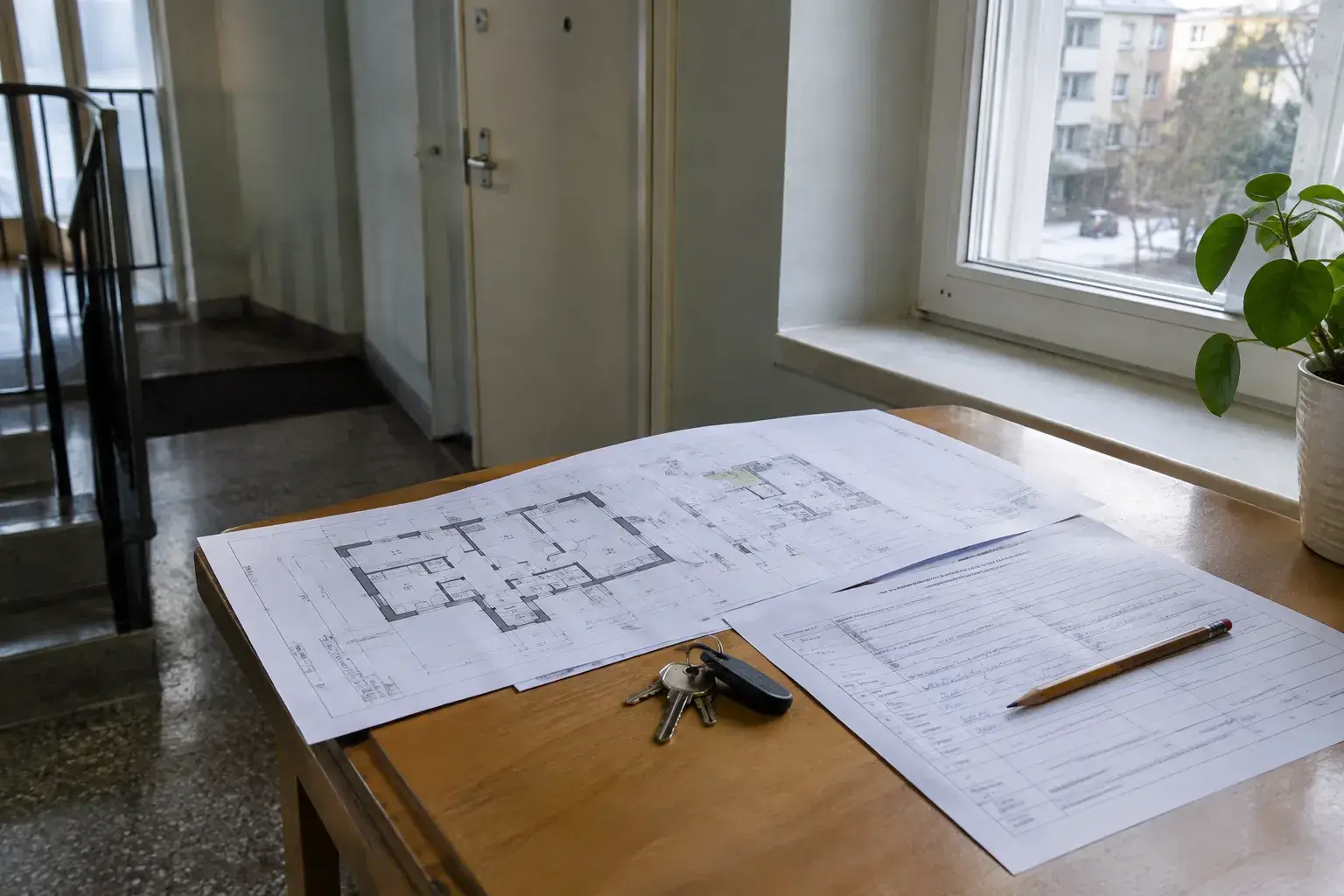 Muutostyöilmoituksen paperit, pohjapiirros ja avaimet kerrostalon porraskäytävässä