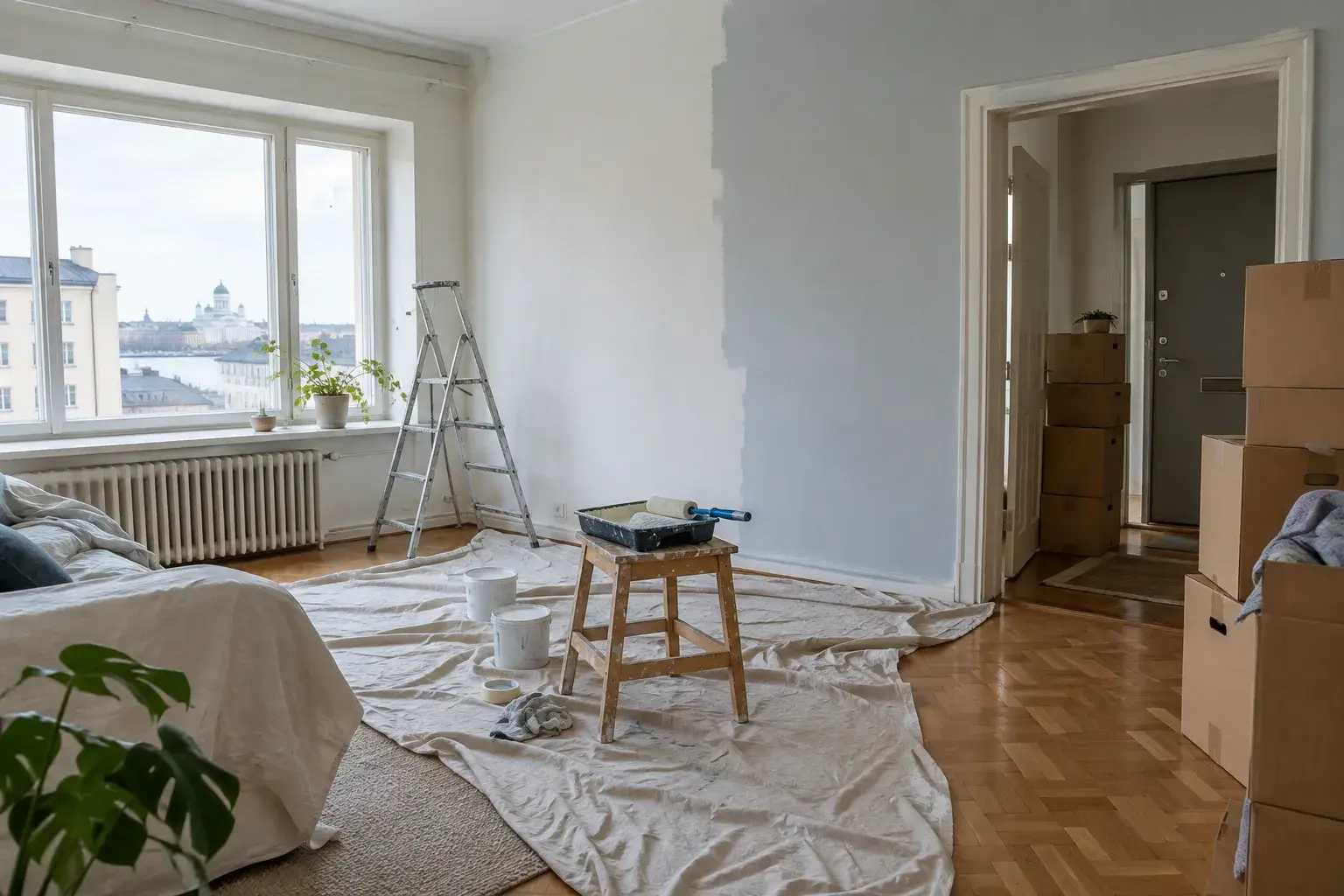 Helsinkiläisen asunnon olohuone pintaremontin aikana, maalisuojat lattialla ja muuttolaatikot oven pieessä