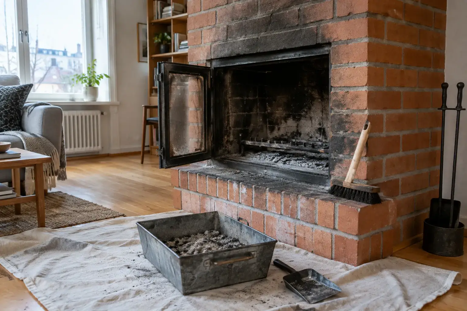 Puulämmitteisen takan puhdistus, tuhkan poisto ja tiilipinnan harjaus olohuoneessa