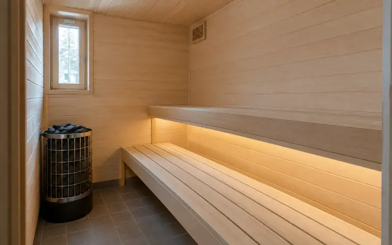 Remontoitu suomalainen sauna haapapaneeleilla, lauteilla ja sähkökiukaalla